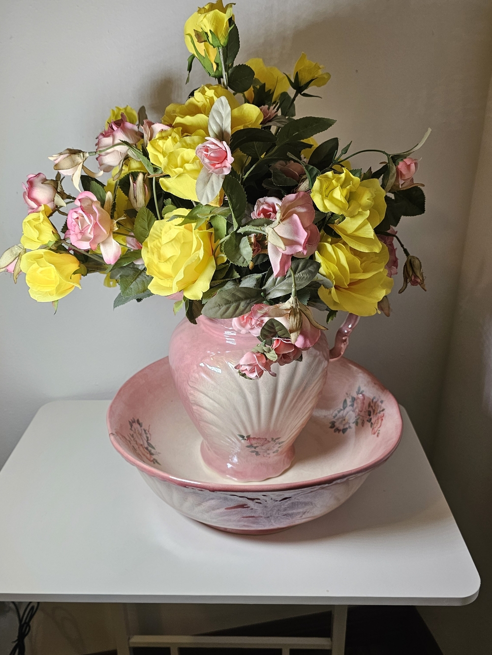 Pink Floral Ceramic Pitcher and Bowl Set with Yellow & Pink Artificial Roses